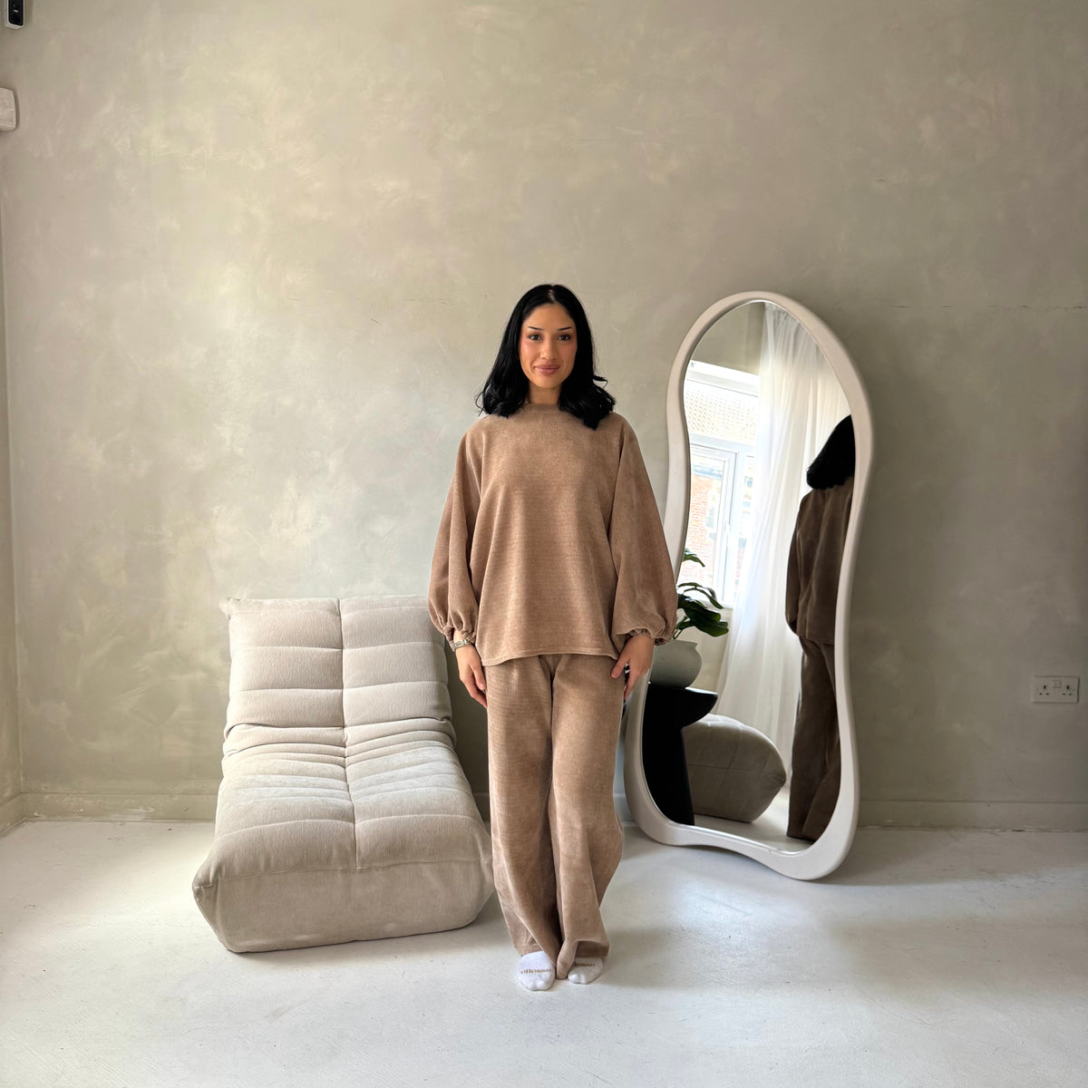 Elika Camel Soft Batwing Top Elasticated Cuff Trouser Co Ord Set