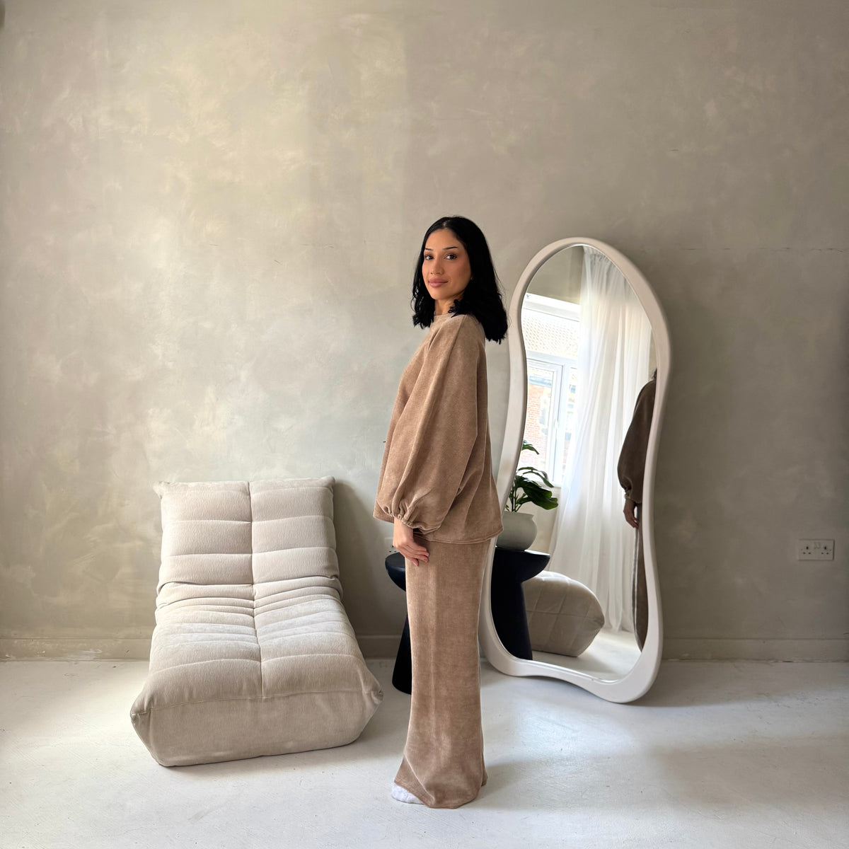 Elika Camel Soft Batwing Top Elasticated Cuff Trouser Co Ord Set