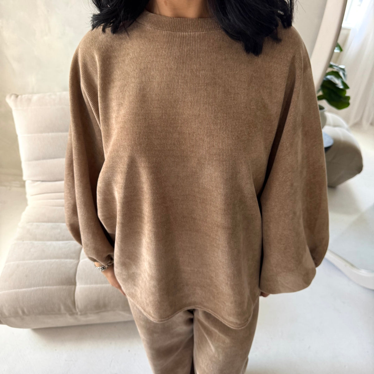 Elika Camel Soft Batwing Top Elasticated Cuff Trouser Co Ord Set