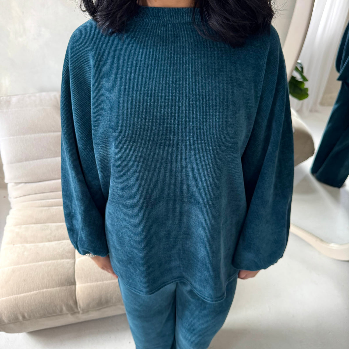 Elika Teal Soft Batwing Top Elasticated Cuff Trouser Co Ord Set
