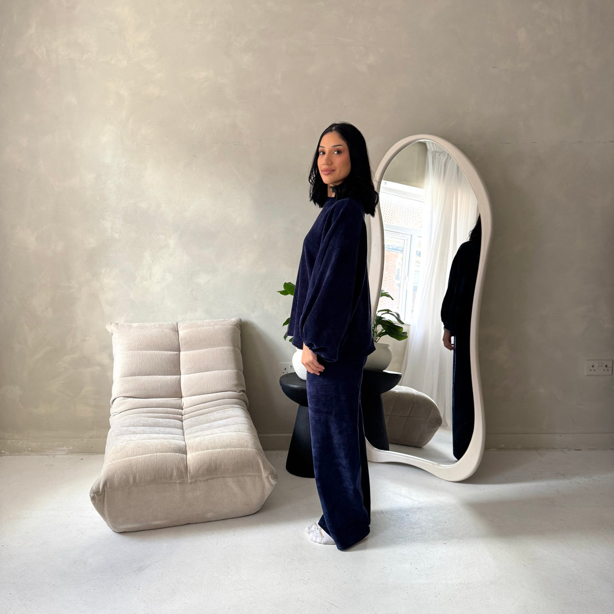 Elika Navy Soft Batwing Top Elasticated Cuff Trouser Co Ord Set