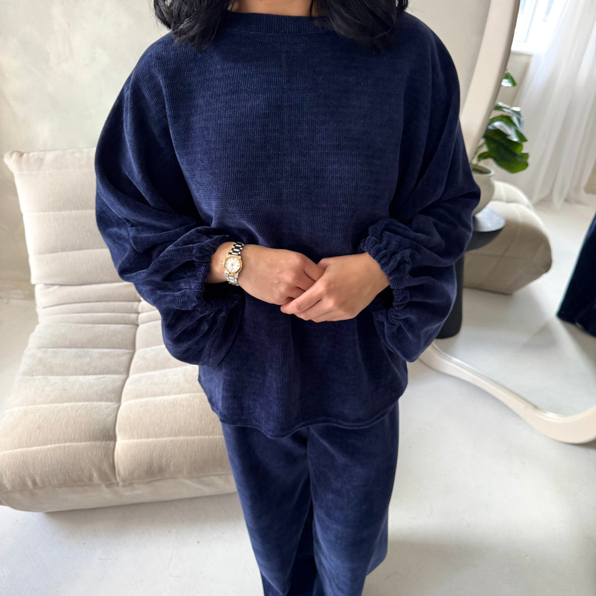 Elika Navy Soft Batwing Top Elasticated Cuff Trouser Co Ord Set