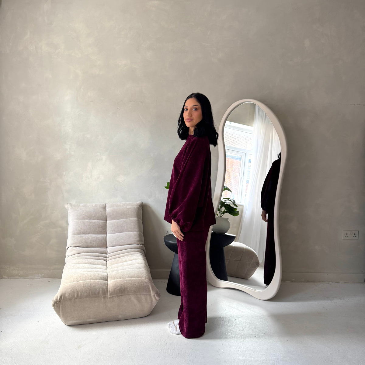 Elika Plum Soft Batwing Top Elasticated Cuff Trouser Co Ord Set
