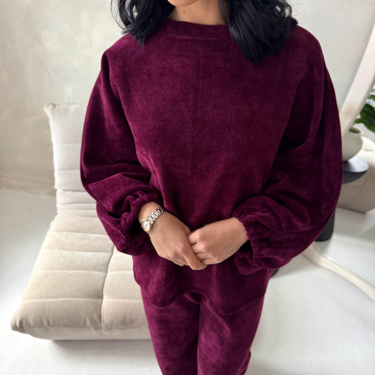 Elika Plum Soft Batwing Top Elasticated Cuff Trouser Co Ord Set
