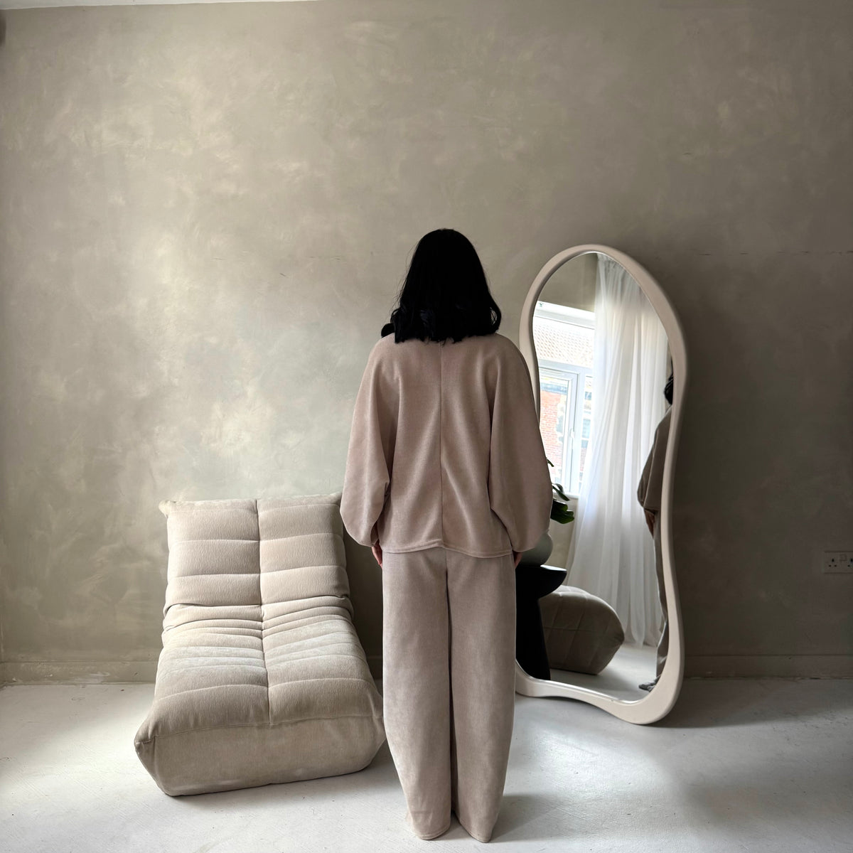 Elika Beige Soft Batwing Top Elasticated Cuff Trouser Co Ord Set