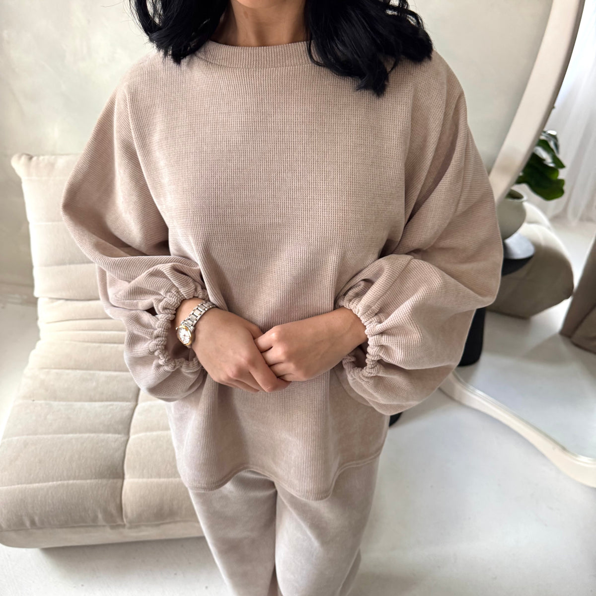 Elika Beige Soft Batwing Top Elasticated Cuff Trouser Co Ord Set
