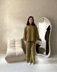 Elika Olive Green Soft Batwing Top Elasticated Cuff Trouser Co Ord Set