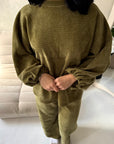 Elika Olive Green Soft Batwing Top Elasticated Cuff Trouser Co Ord Set