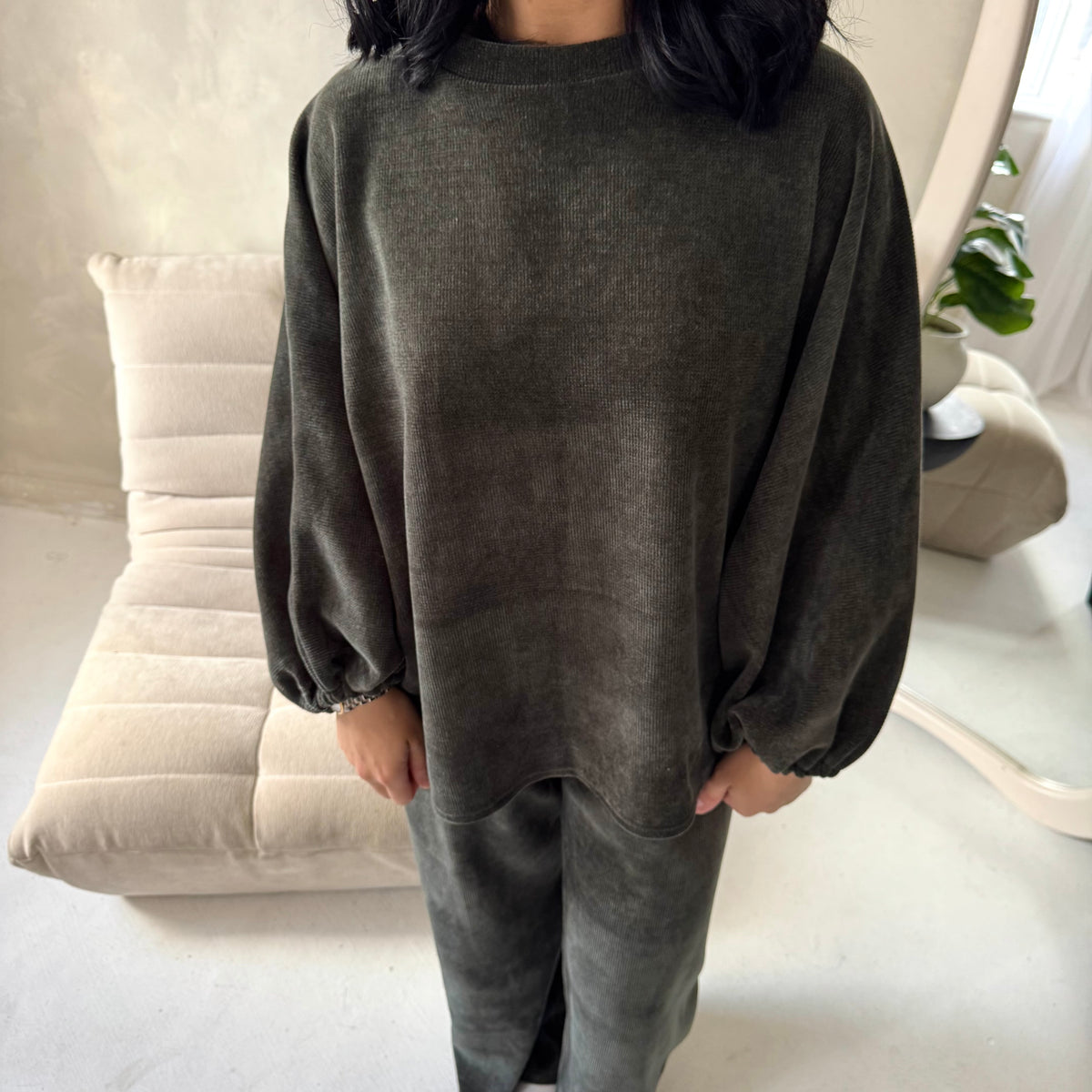 Elika Khaki Soft Batwing Top Elasticated Cuff Trouser Co Ord Set