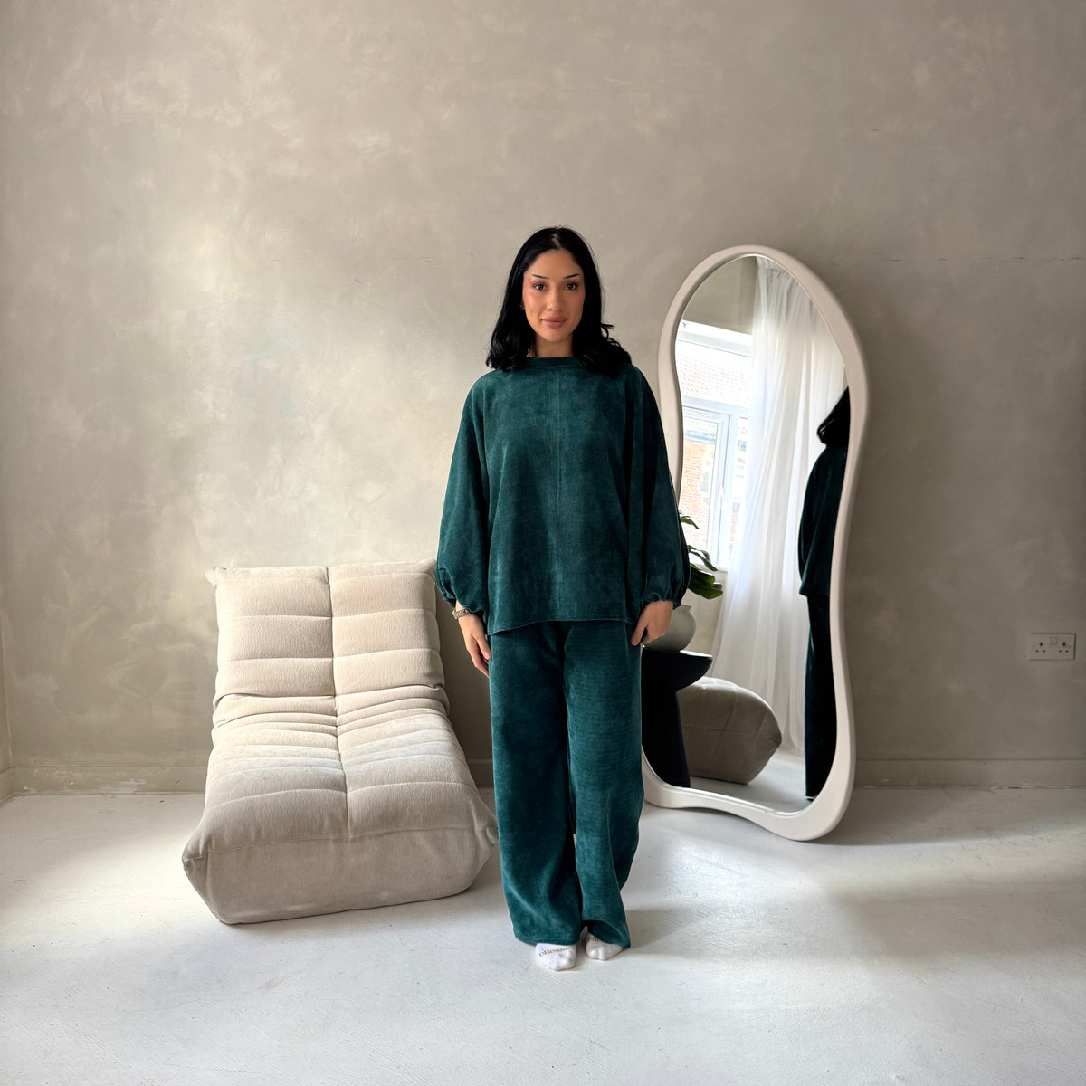 Elika Emerald Green Soft Batwing Top Elasticated Cuff Trouser Co Ord Set