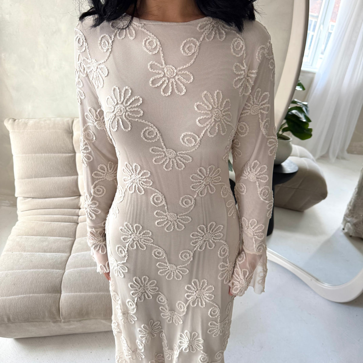 Velora Beige Floral Mesh Lined Ruched Waist Modest Dress