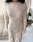 Velora Beige Floral Mesh Lined Ruched Waist Modest Dress