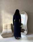Velora Navy Floral Mesh Lined Ruched Waist Modest Dress