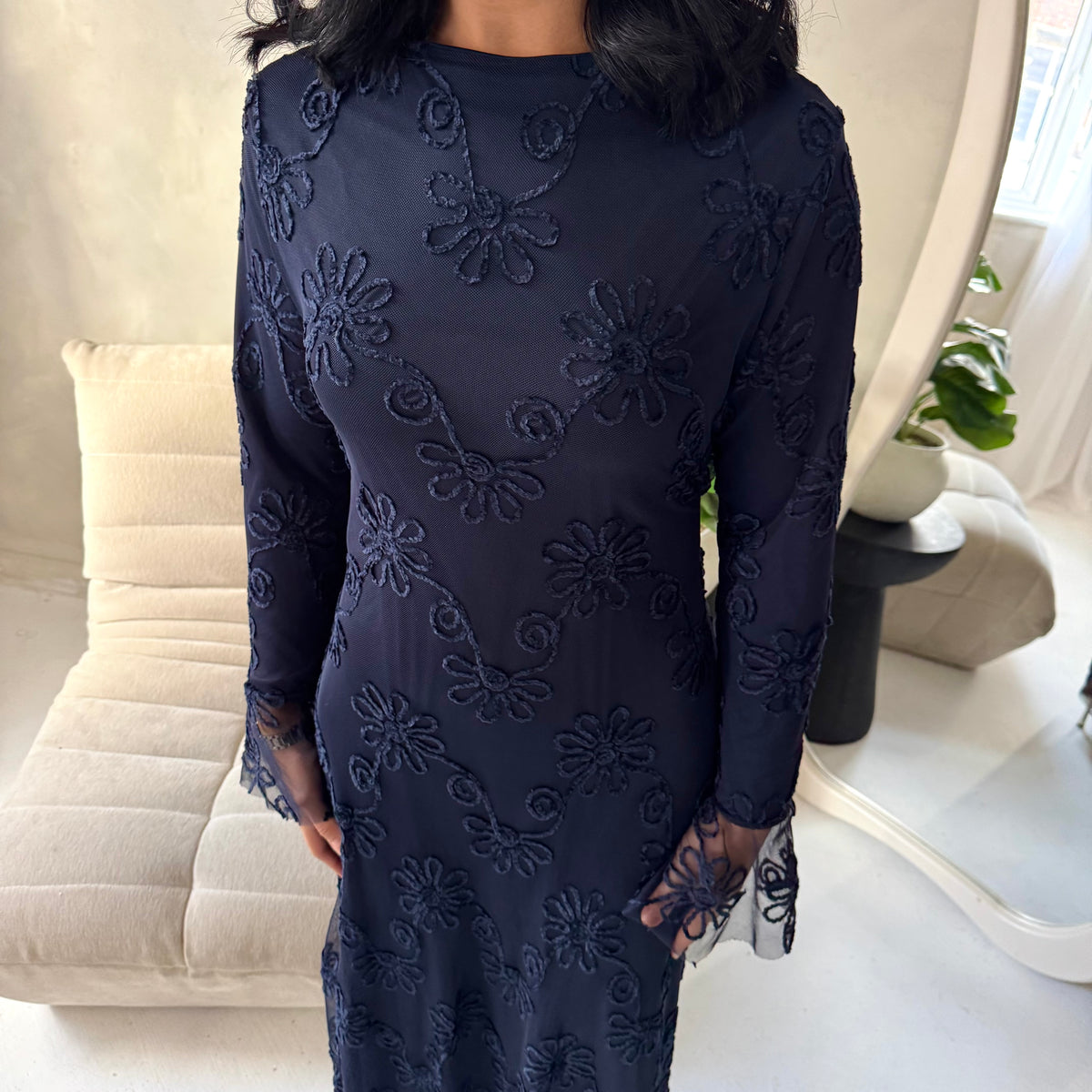 Velora Navy Floral Mesh Lined Ruched Waist Modest Dress