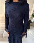 Velora Navy Floral Mesh Lined Ruched Waist Modest Dress