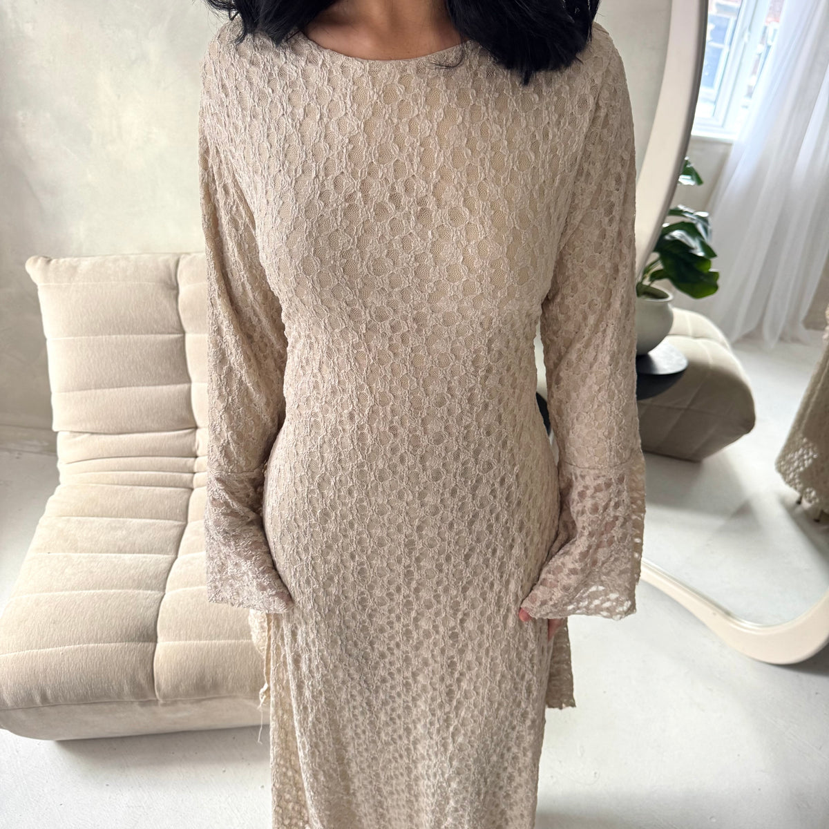 Viva Beige Mesh Floral Extreme Flare Sleeve Dress-House Of Haniya
