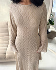 Viva Beige Mesh Floral Extreme Flare Sleeve Dress-House Of Haniya