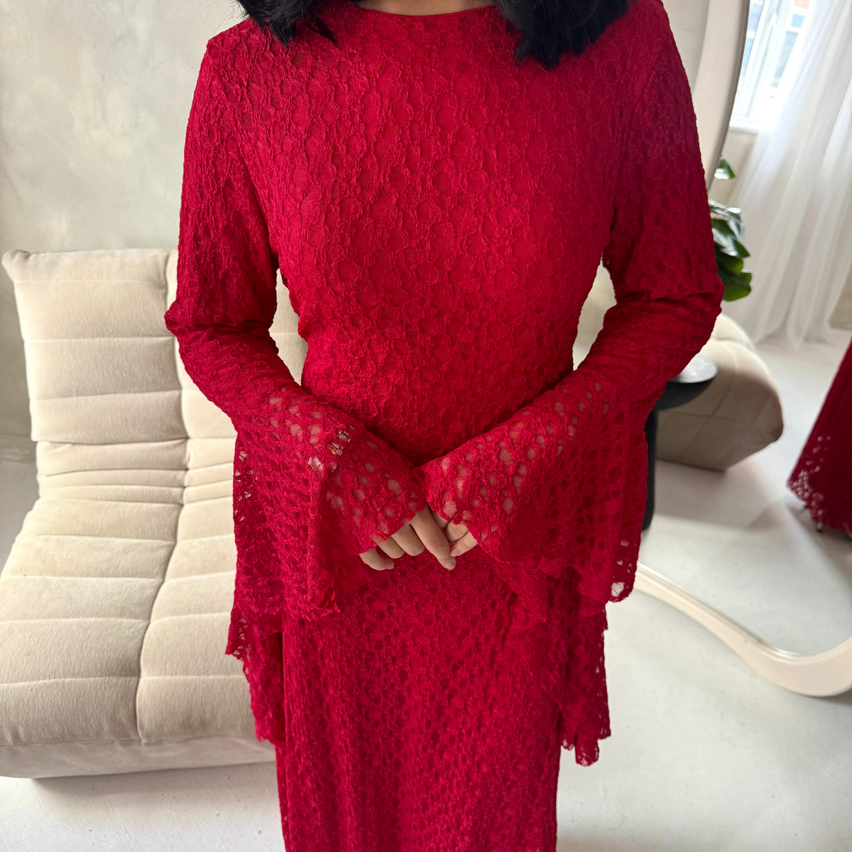 Viva Red Mesh Floral Extreme Flare Sleeve Dress-House Of Haniya