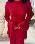 Viva Red Mesh Floral Extreme Flare Sleeve Dress-House Of Haniya
