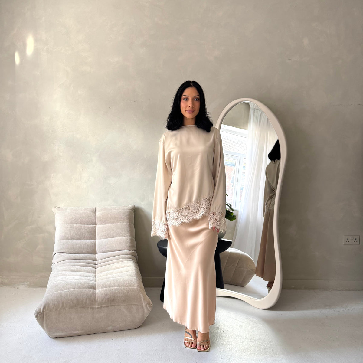 Ava Beige Plain Elasticated Satin Skirt