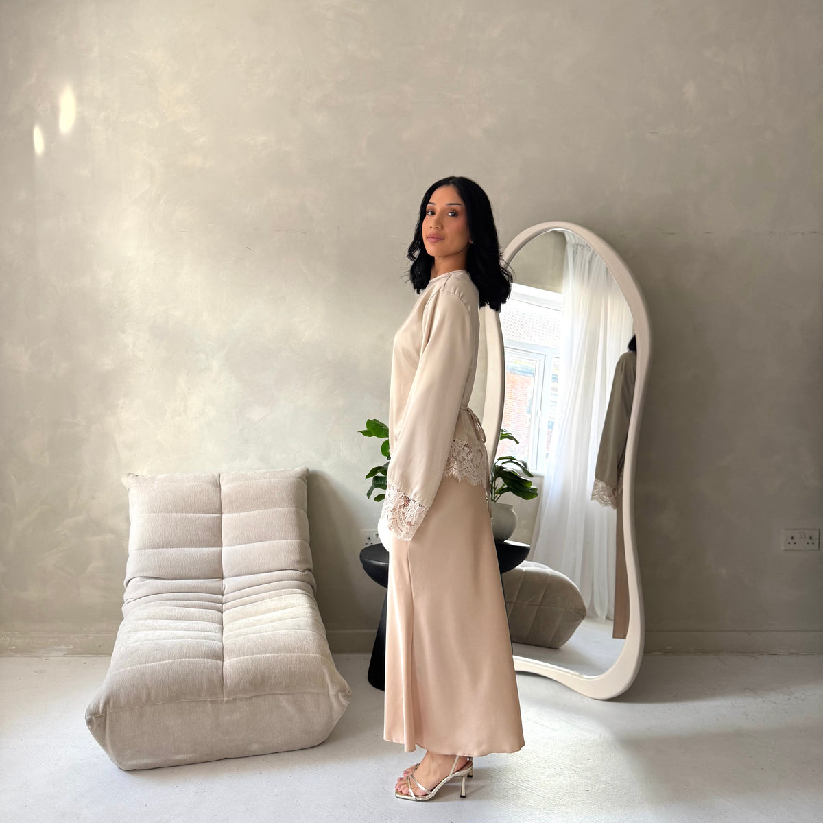 Ava Beige Plain Elasticated Satin Skirt