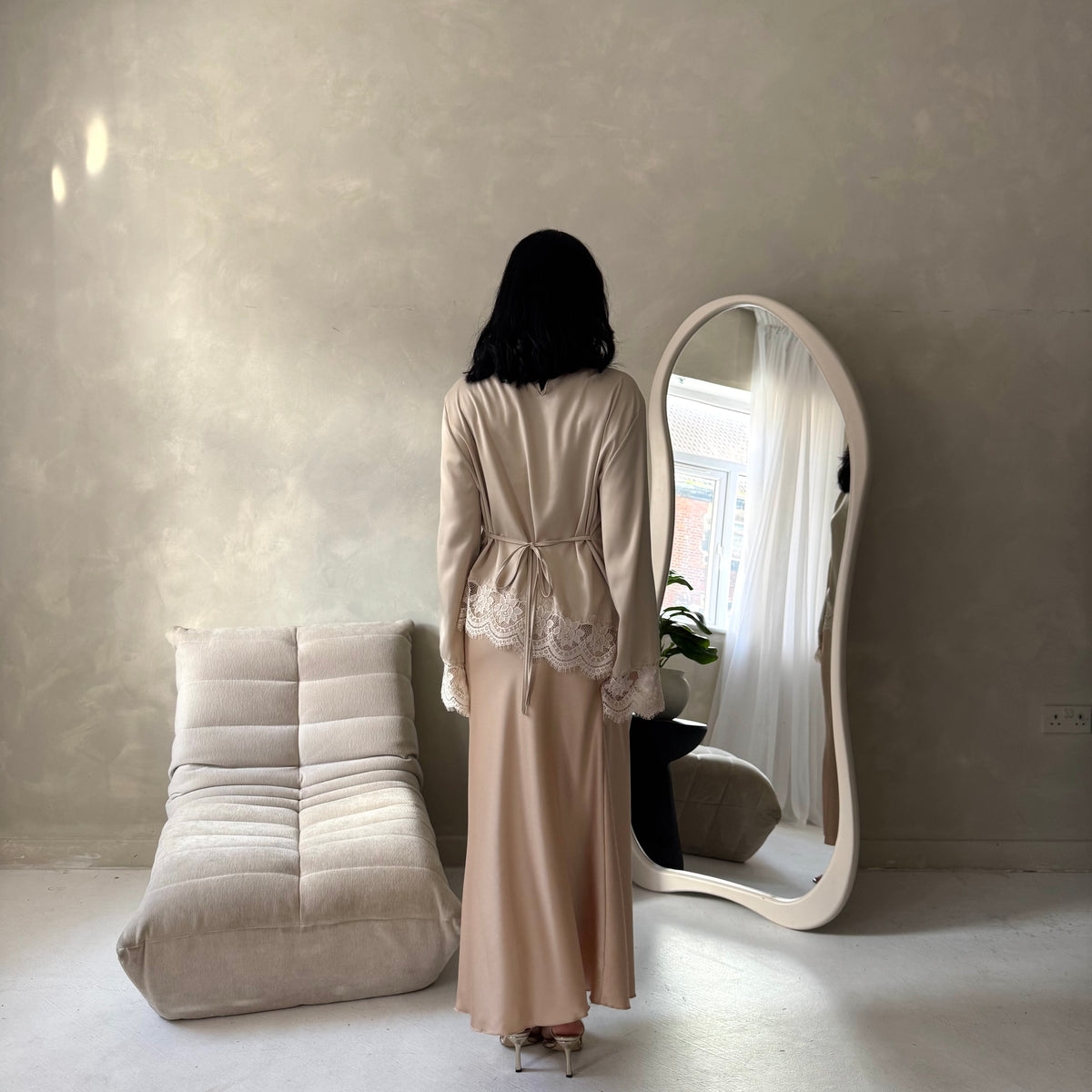 Ava Beige Plain Elasticated Satin Skirt