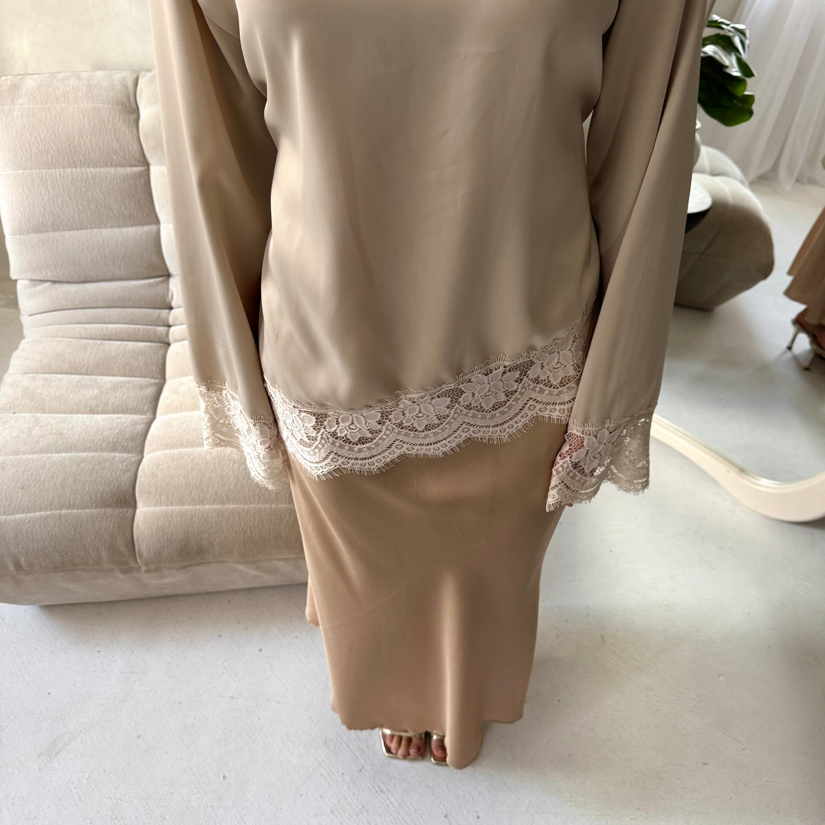 Ava Beige Plain Elasticated Satin Skirt