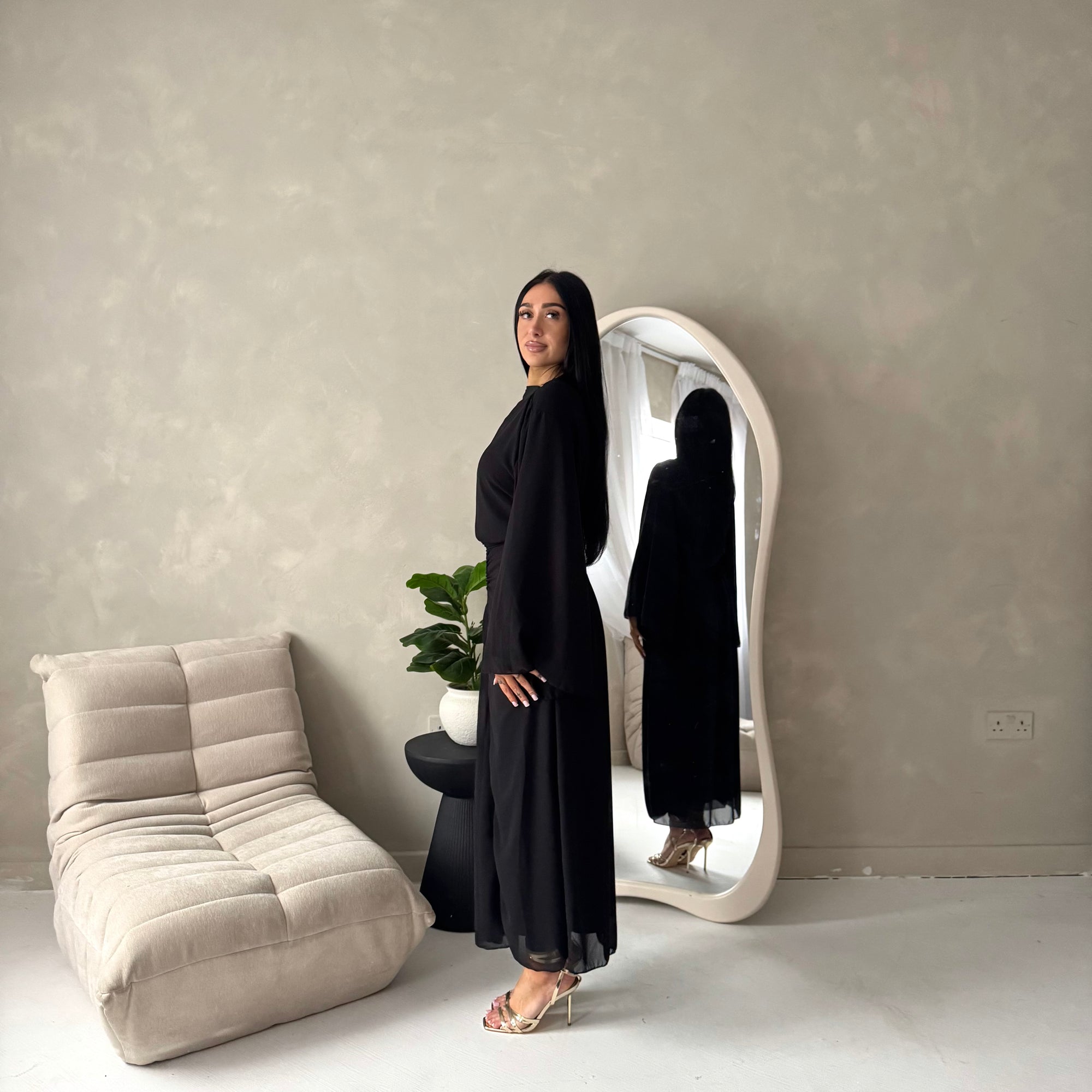 Ines Black Soft Waist Ruched Lined Modest Dress