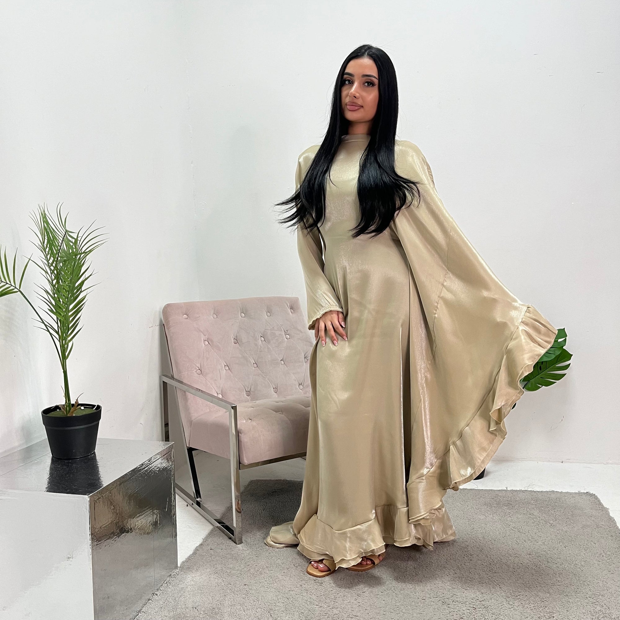 Nazah Beige Side Drape Modest Dress – House Of Haniya
