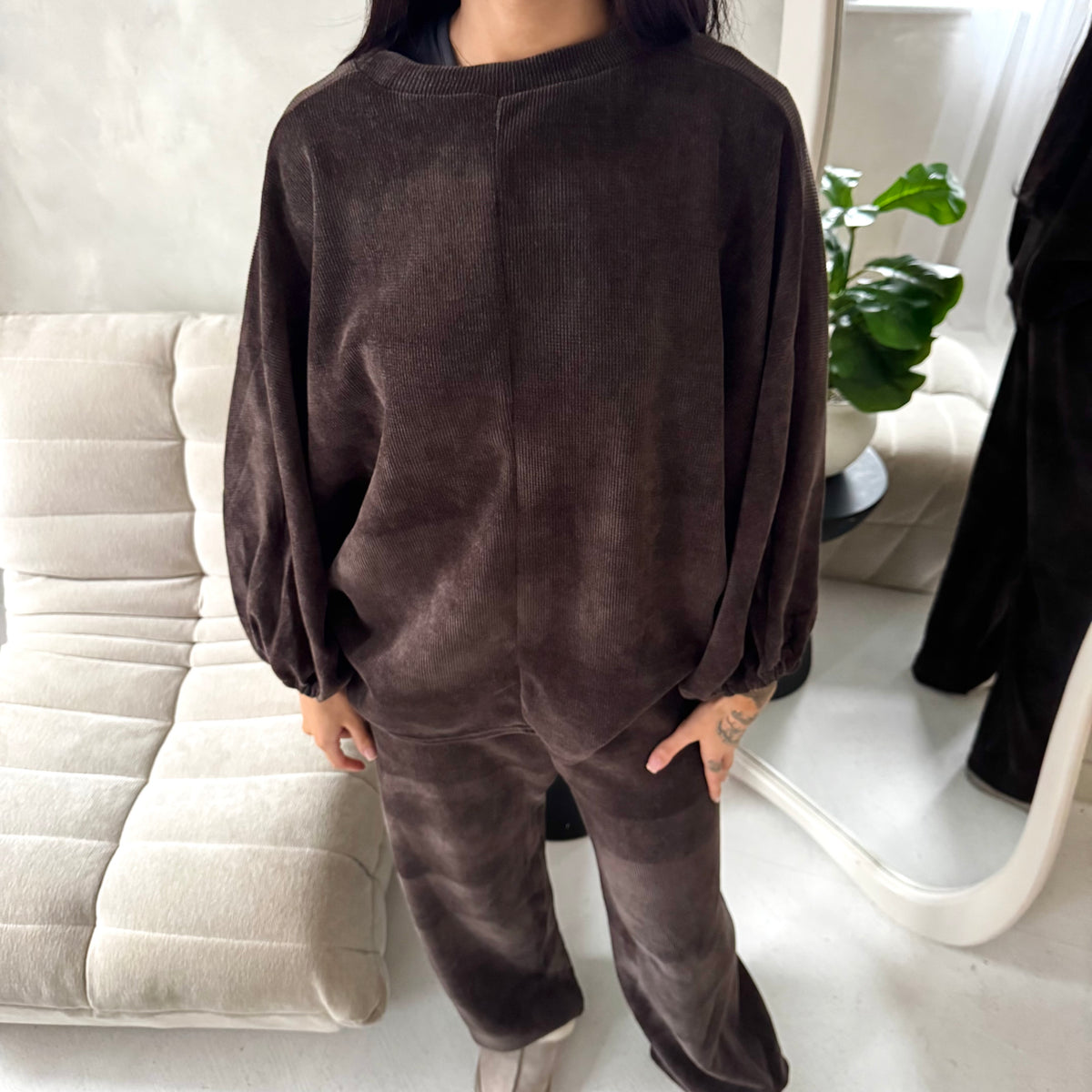 Elika Brown Soft Batwing Top Elasticated Cuff Trouser Co Ord Set