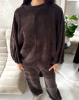 Elika Brown Soft Batwing Top Elasticated Cuff Trouser Co Ord Set