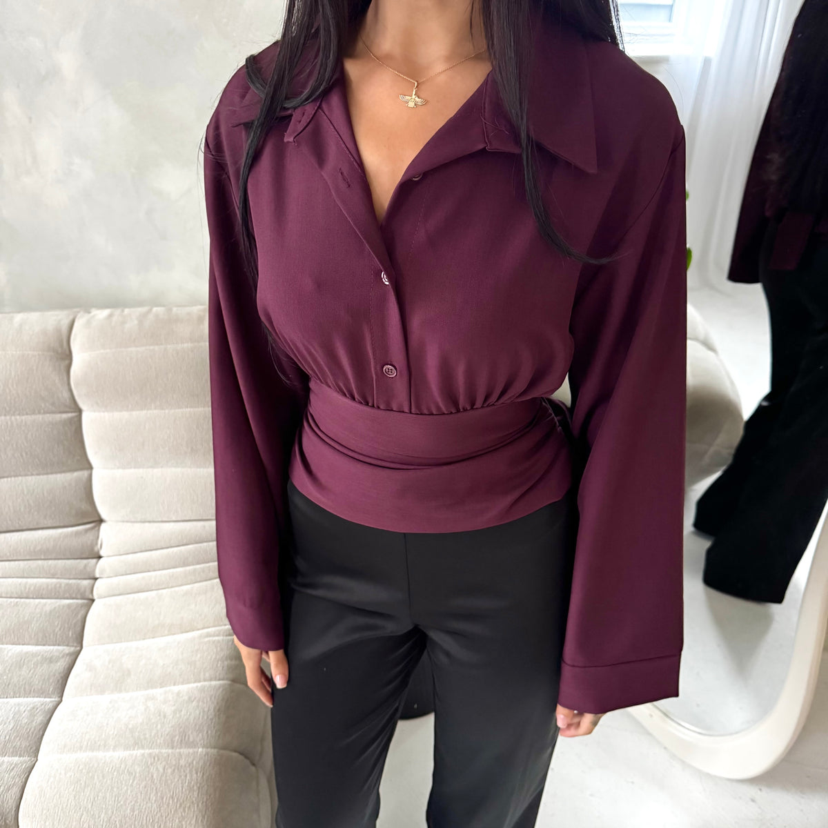 Layl Plum Plain Cinch Waist Collar Top