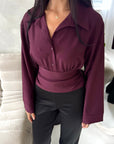 Layl Plum Plain Cinch Waist Collar Top