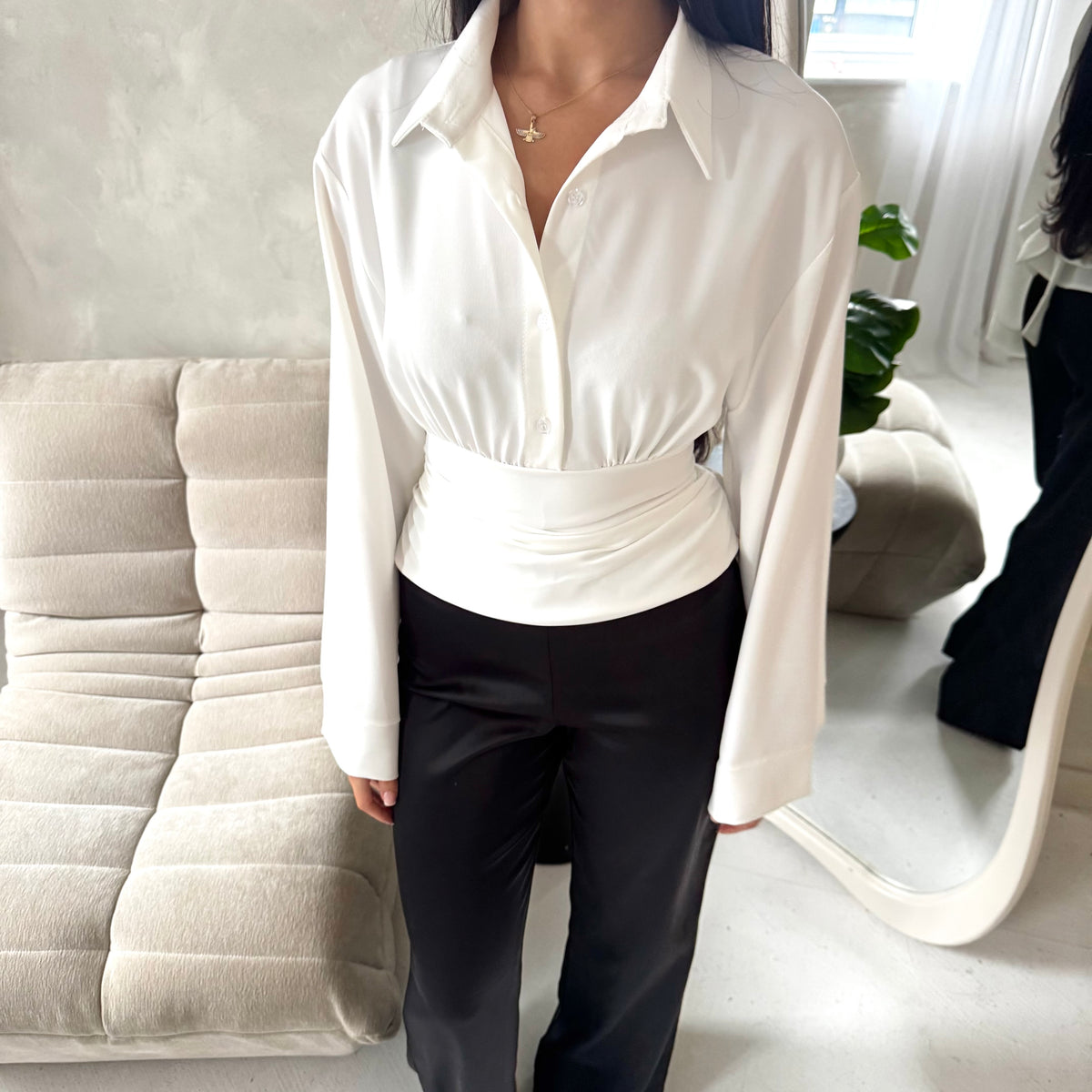 Layl White Plain Cinch Waist Collar Top