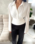 Layl White Plain Cinch Waist Collar Top