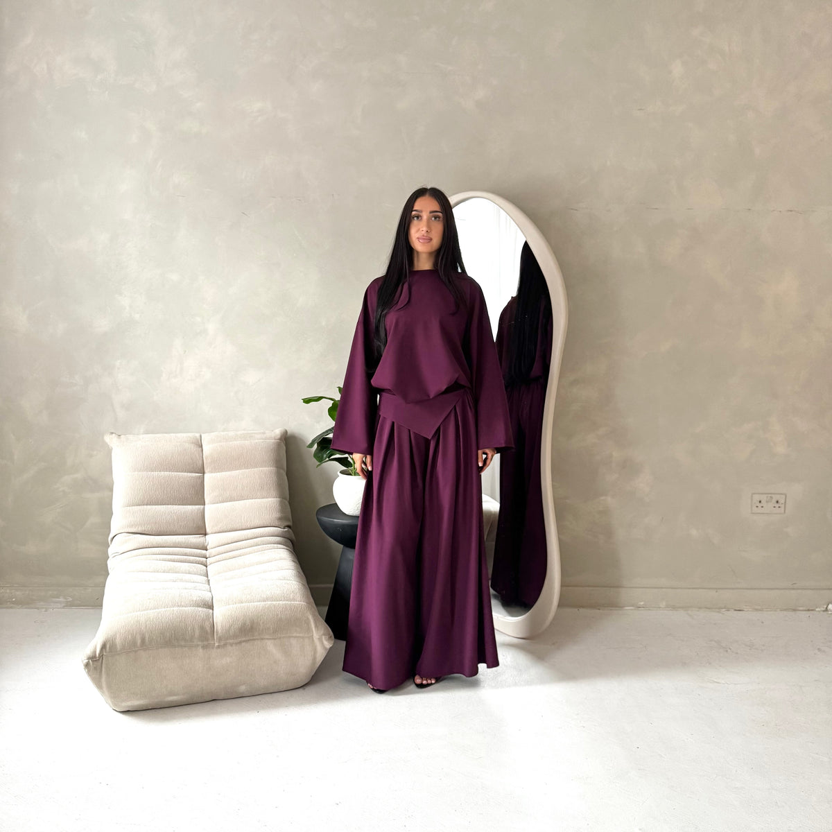 Madiha Plum Baggy Fit Wide Leg Trouser Co Ord Set