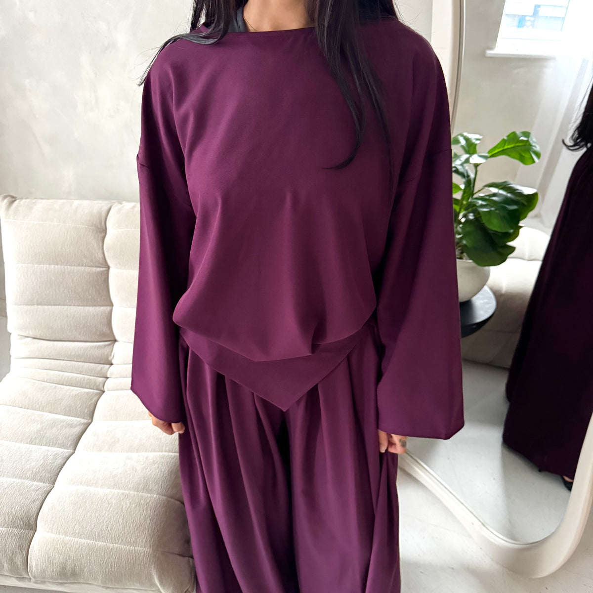 Madiha Plum Baggy Fit Wide Leg Trouser Co Ord Set