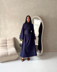 Asi Denim High Neck Cinch Waist Tie Back Dress