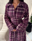 Baya Plum Tartan Print Cinch Waist Shirt Dress