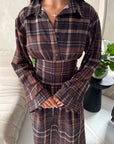 Baya Brown Tartan Print Cinch Waist Shirt Dress
