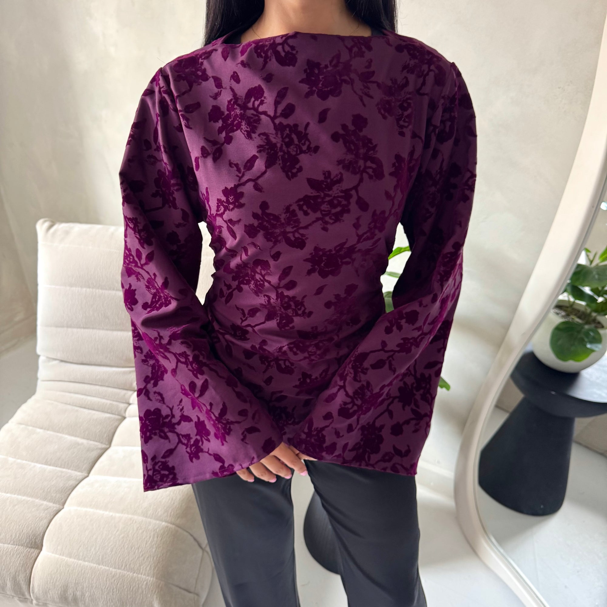 Nala Plum Floral Velvet Detail Tie Back Top