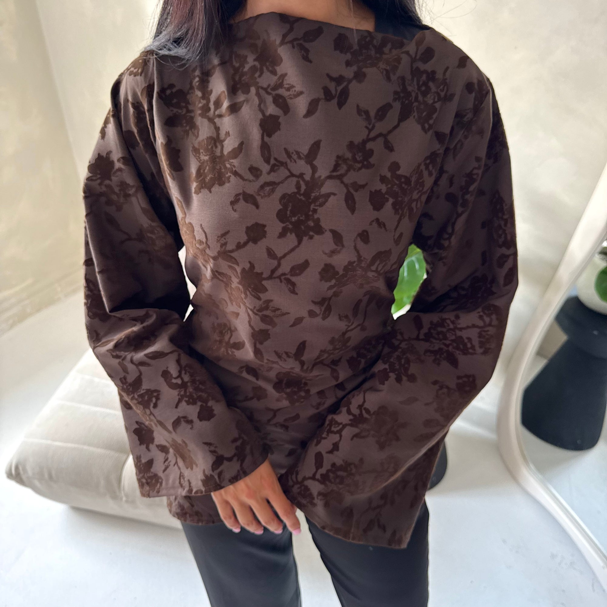 Nala Brown Floral Velvet Detail Tie Back Top