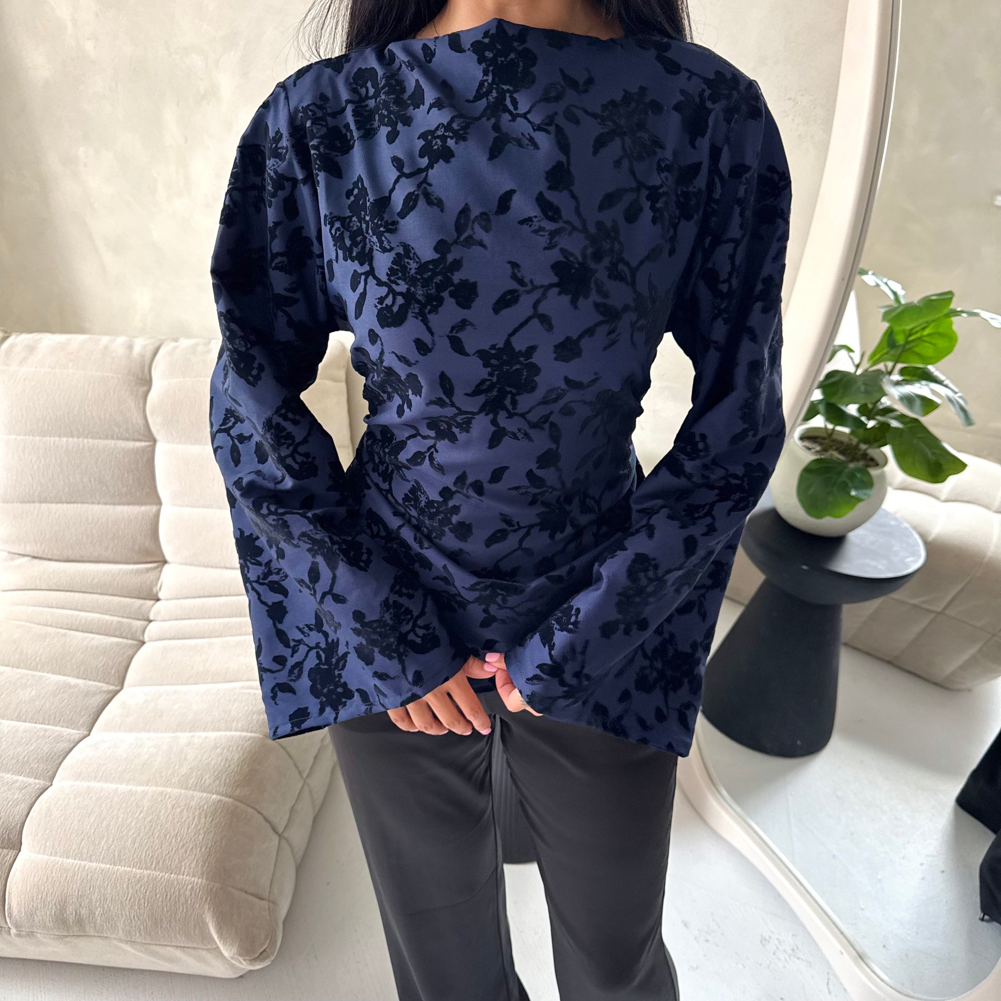 Nala Navy Floral Velvet Detail Tie Back Top