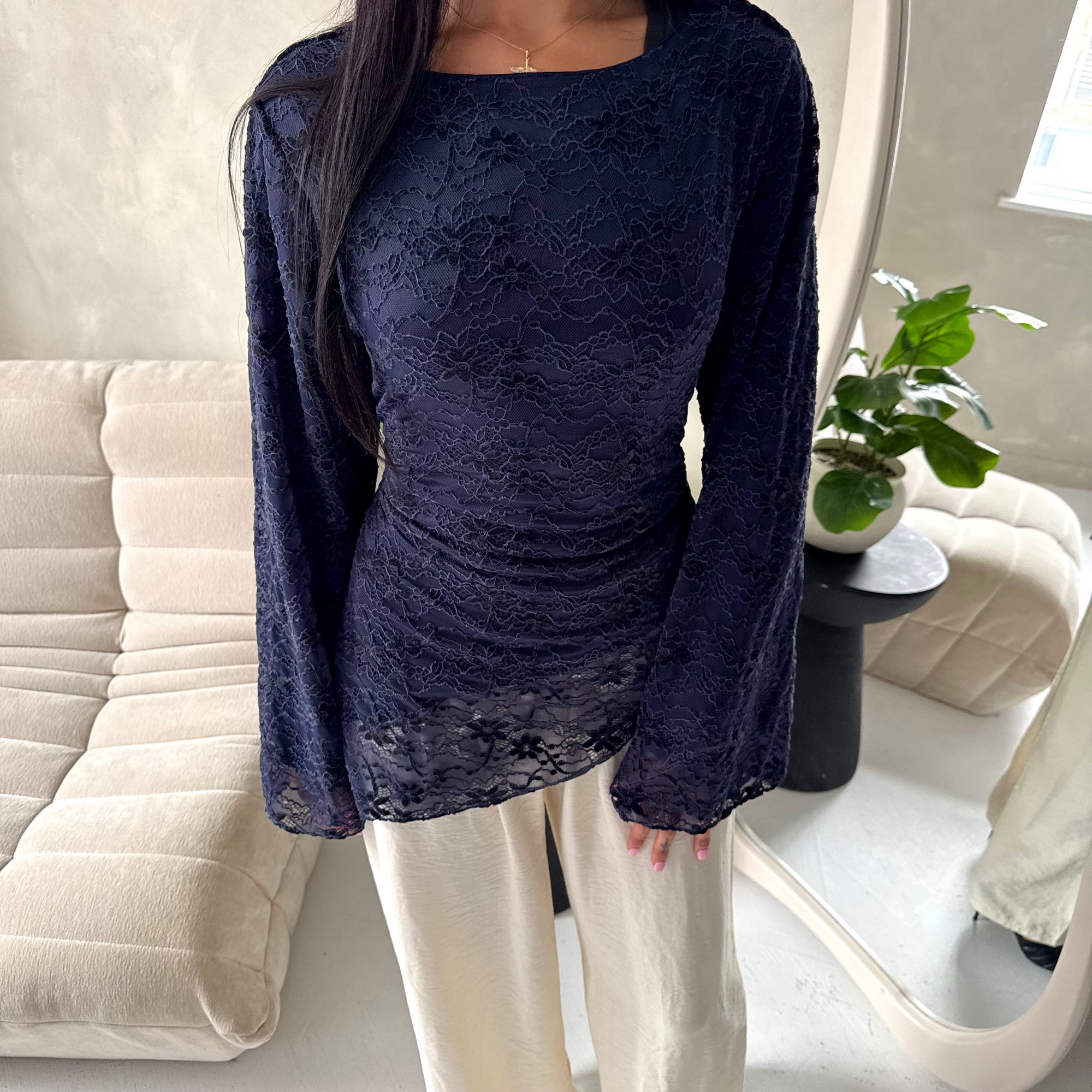 Aura Navy Lace Detail Lined Tie Back Top