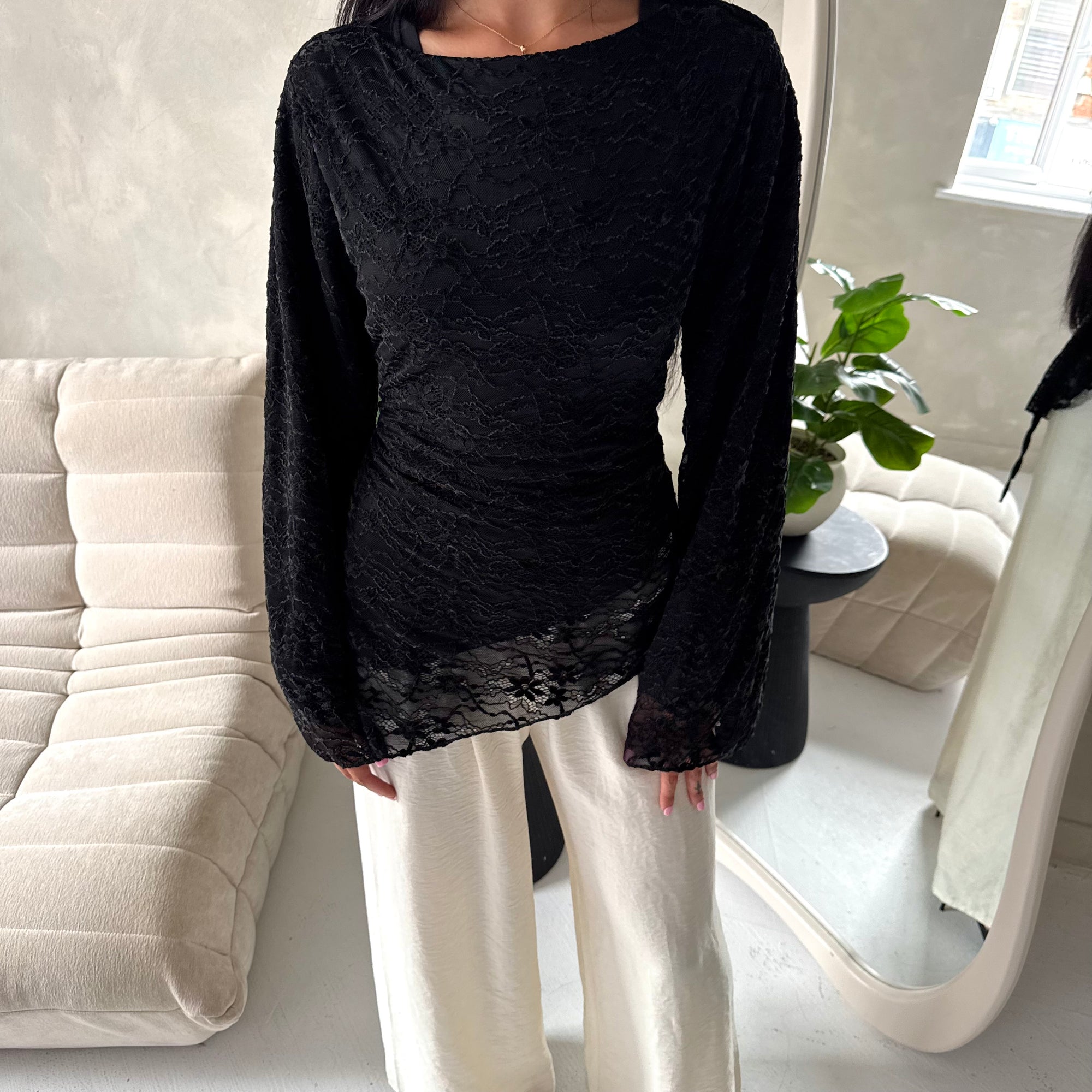 Aura Black Lace Detail Lined Tie Back Top