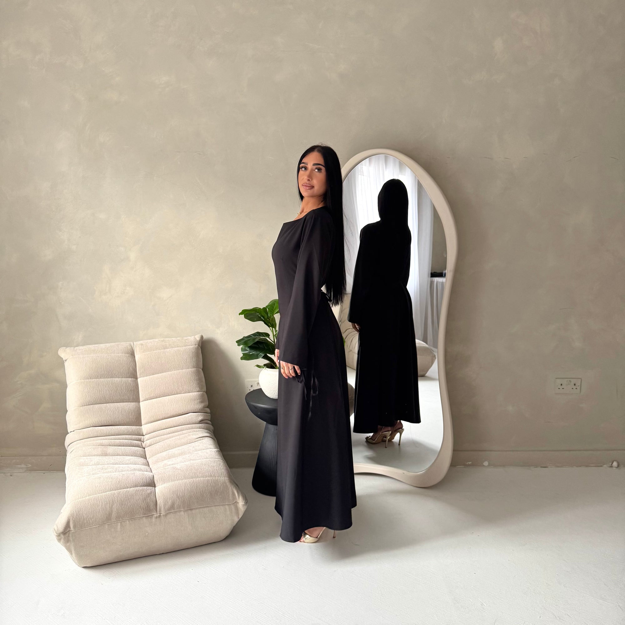 Noor Black Plain A Line Tie Back Smock Dress