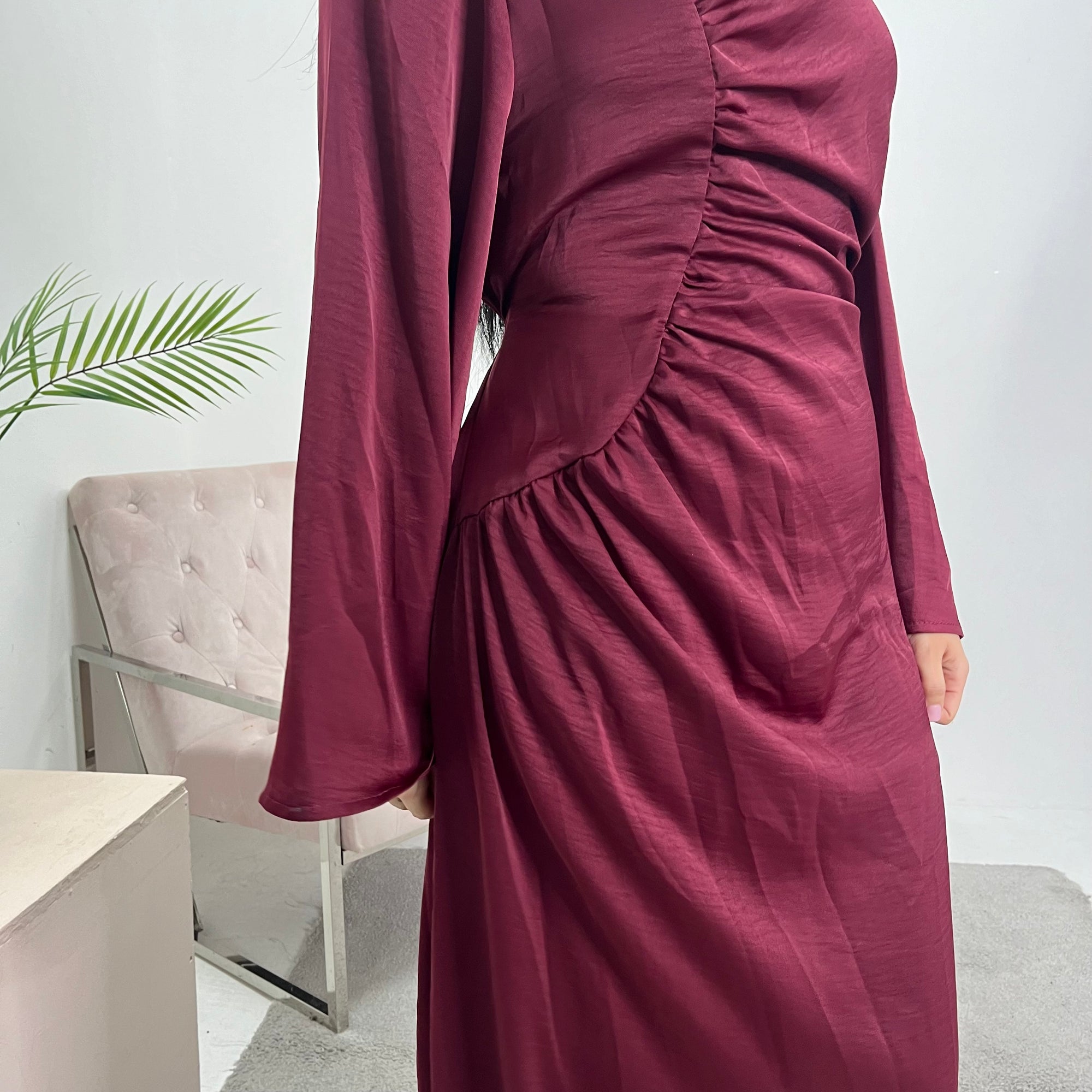 Lara Wine Satin Waist Detail Modest Dress