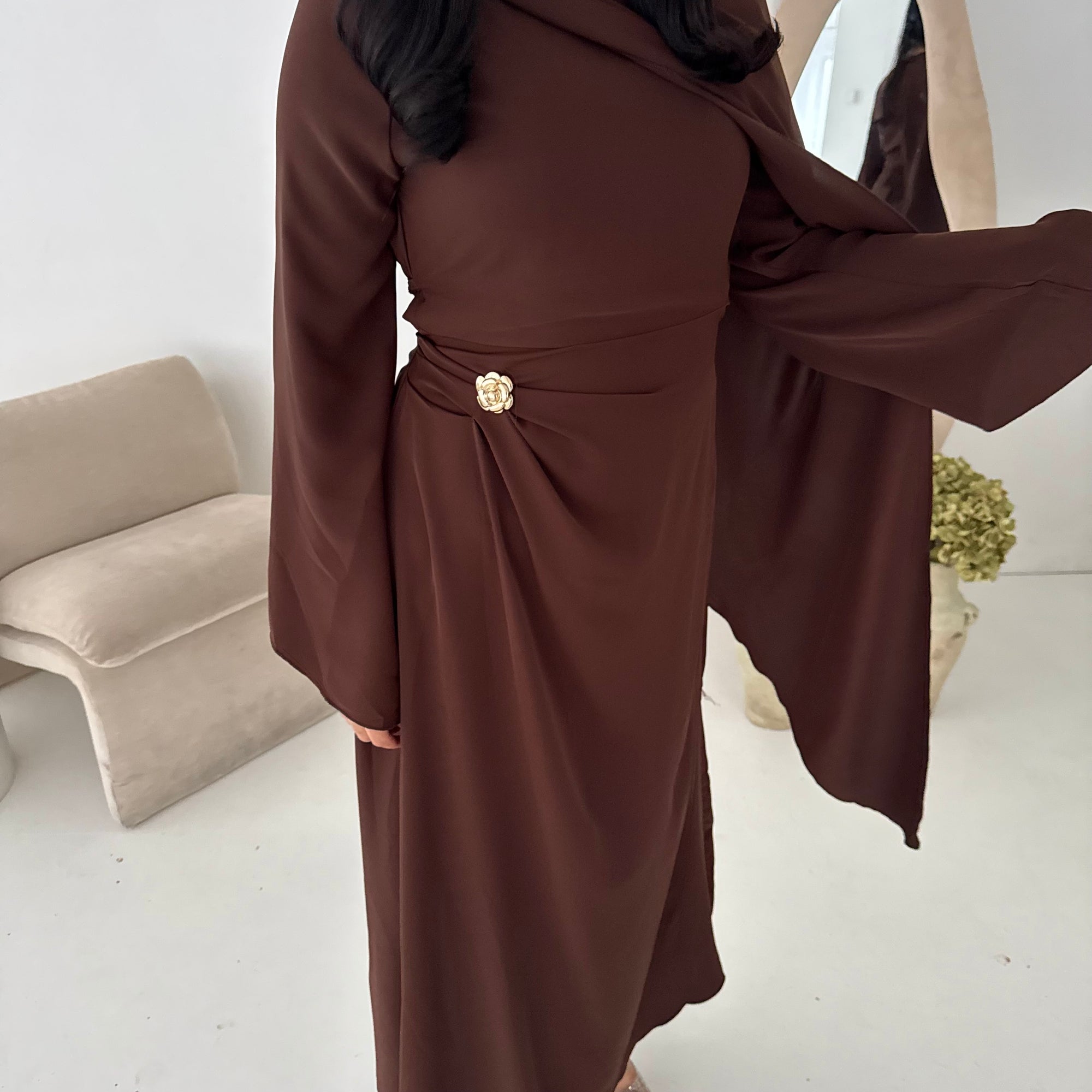 Nevin Brown Gold Buckle One Side Drape Dress