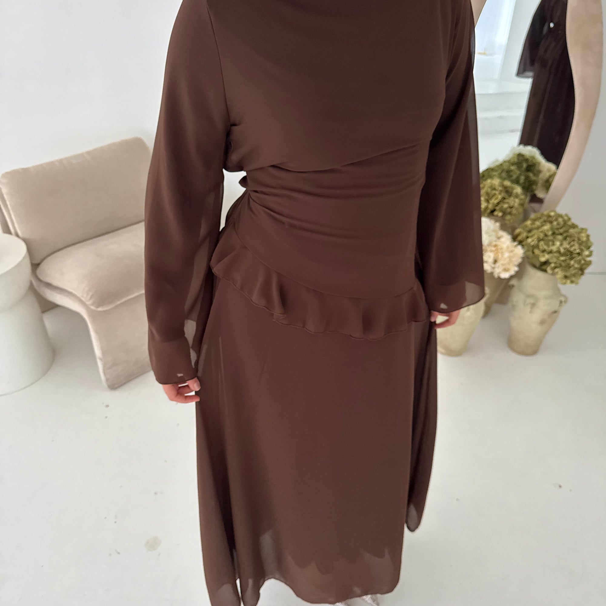 Lila Brown Mesh Frill Detail Lined Dress