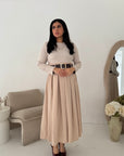 Evera Beige Soft Rib Top Skirt Belted Dress